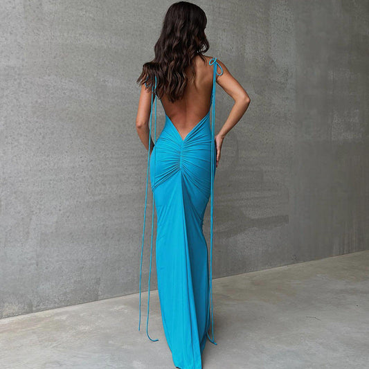 Solid Color Sexy Backless Pleated Long Elegant Slim Strap Dress for Women Bella Mia