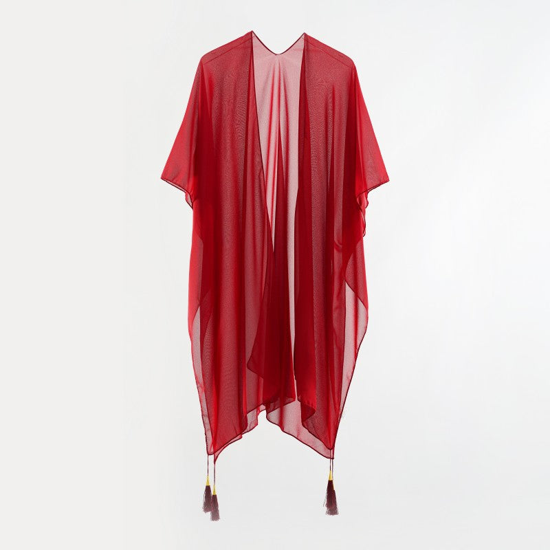 Seaside Blouse See Through Sexy Tassel Thin Cape Solid Color Travel Sun Protection Cardigan Bella Mia