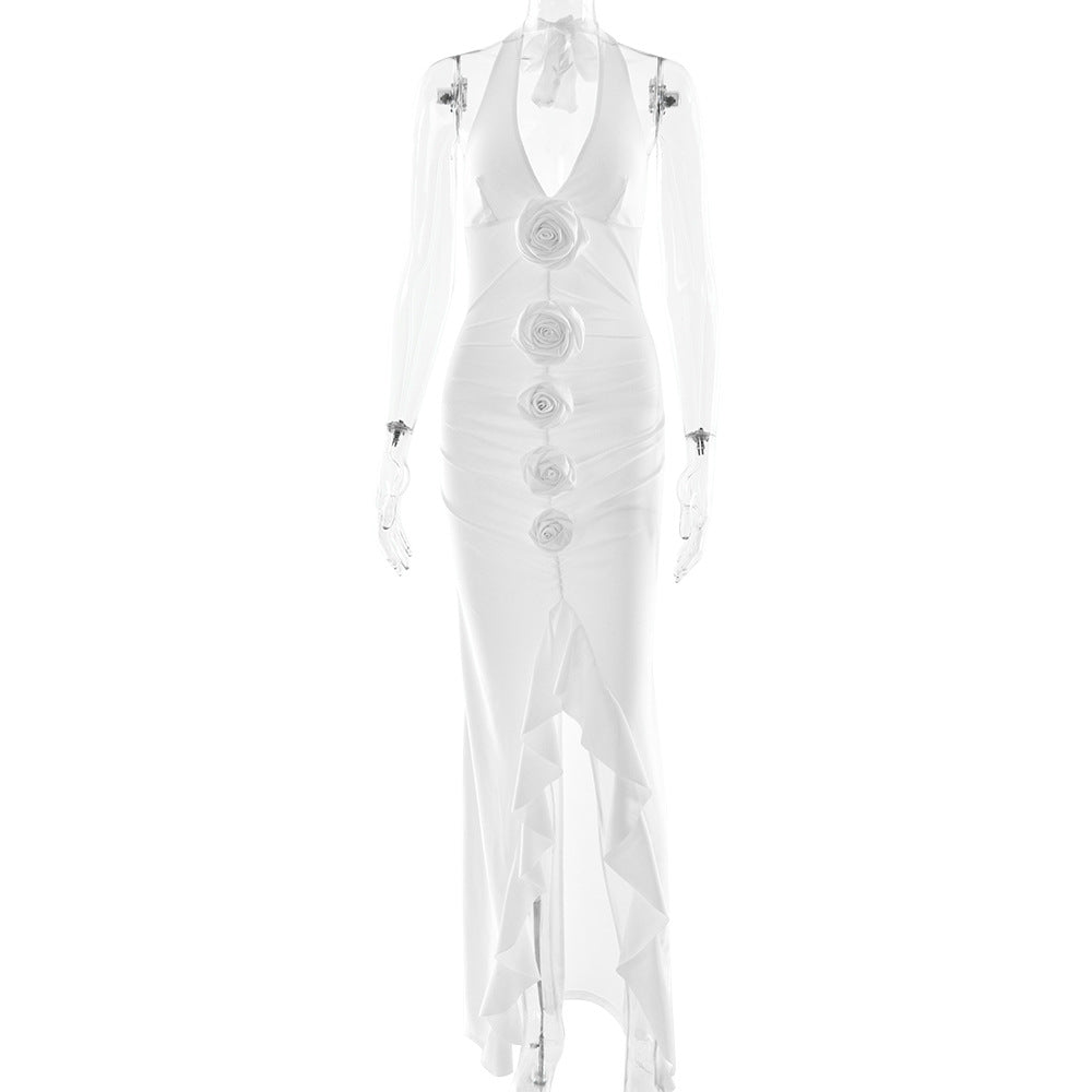 Sexy Women Dress Halter Deep V Plunge neck Backless Maxi Dress Floral Slit Slim Fitting Spring Dress Bella Mia