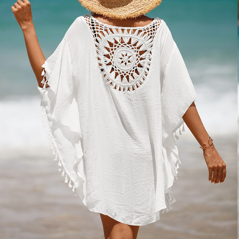 Vacation Hand Crocheting Solid Color Stitching Beach Dress Fimbrilla Sun Protection Short Sexy Beach Blouse Bella Mia