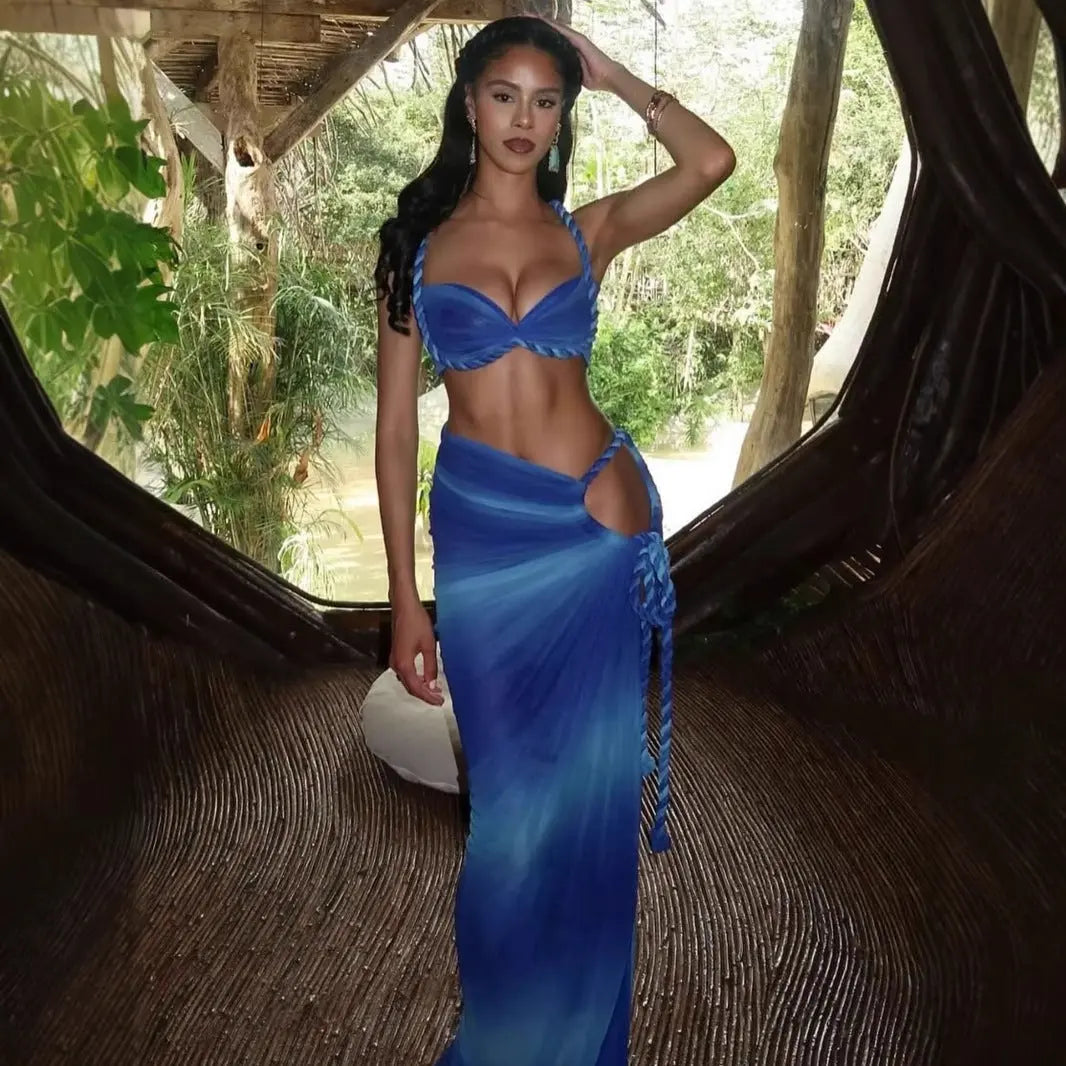 Summer Sexy Beach Vacation Swimsuit Woven Halter Top Split Skirt Set Bella Mia