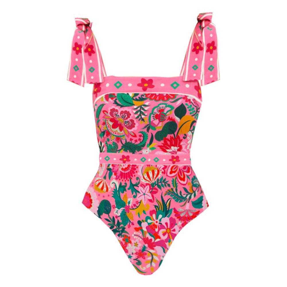 Printed Bow Shoulder Strap One Piece Swimsuit Women Bella Mia