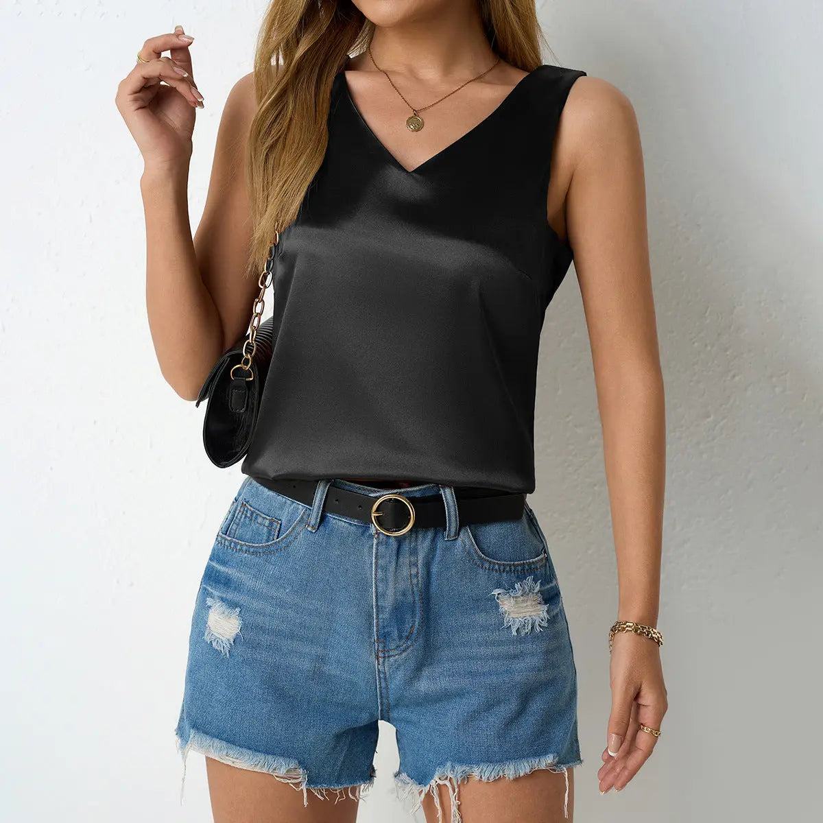 Women Spring Summer Satin Vest V neck Casual Camisole Sleeveless Shirt Summer Bella Mia