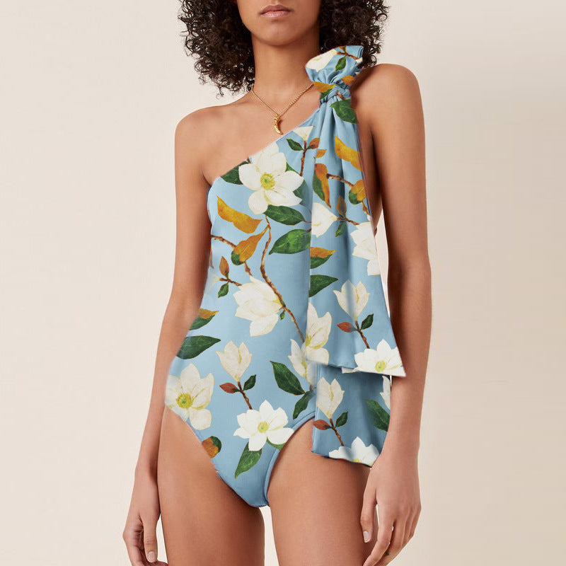 Oblique Shoulder Bow Bandage One Piece Swimsuit Women Suit Bella Mia