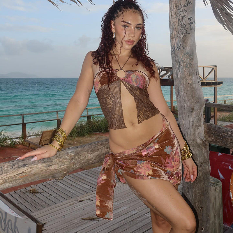 Spring Summer Women Sexy Cropped Halterneck Vest Bikini Three Piece Sets Bella Mia