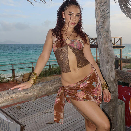 Spring Summer Women Sexy Cropped Halterneck Vest Bikini Three Piece Sets Bella Mia