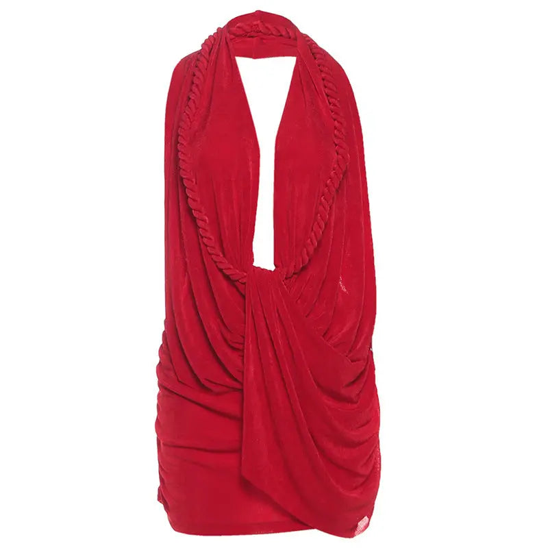 Autumn Winter Women Clothing Sexy Deep V Plunge Halter Backless Hip Solid Color Dress Bella Mia