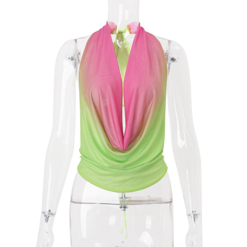 Women Clothing Summer Sexy Halter Swing Collar Gradient Multicolor Vest Mini Hip Bag Skirt Two Piece Sets Bella Mia