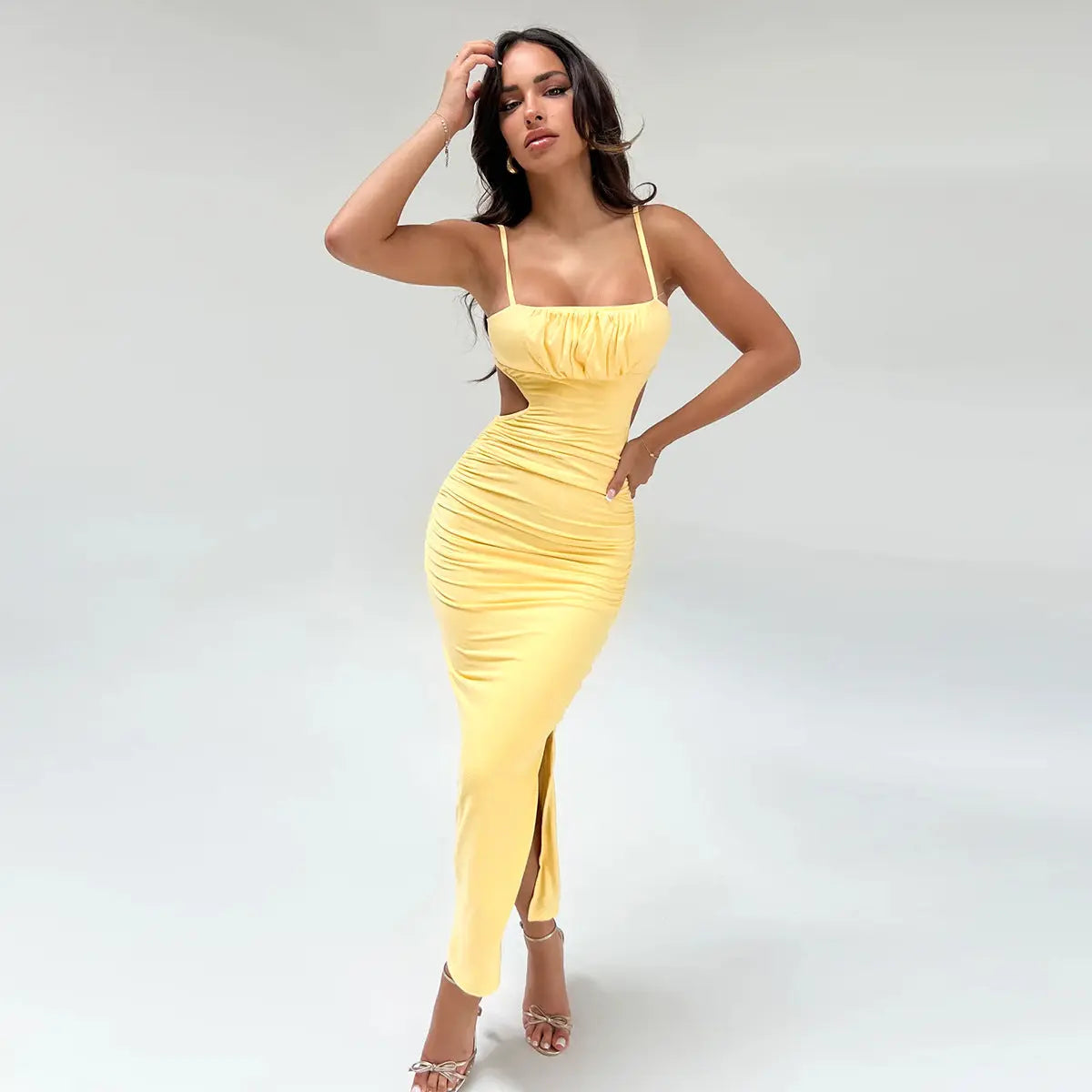Women Cami Dress Sexy Backless Ruffle Hip Side Slit Maxi Dress Bella Mia