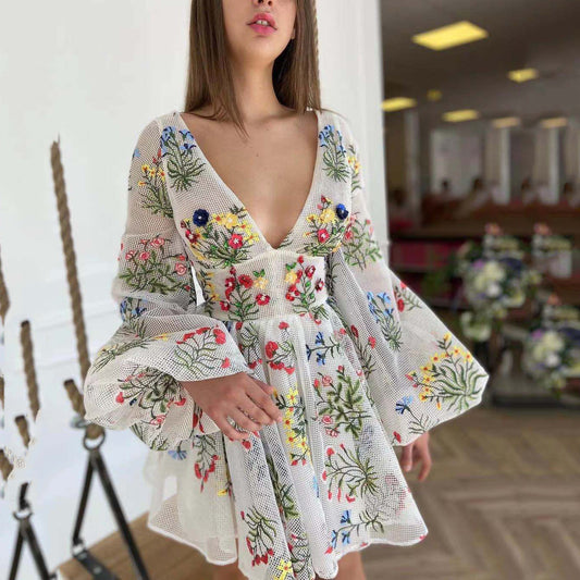 Summer Women Clothing Mesh Embroidered Design Lantern Sleeve Fairy Dress Birthday Party Dress Bella Mia