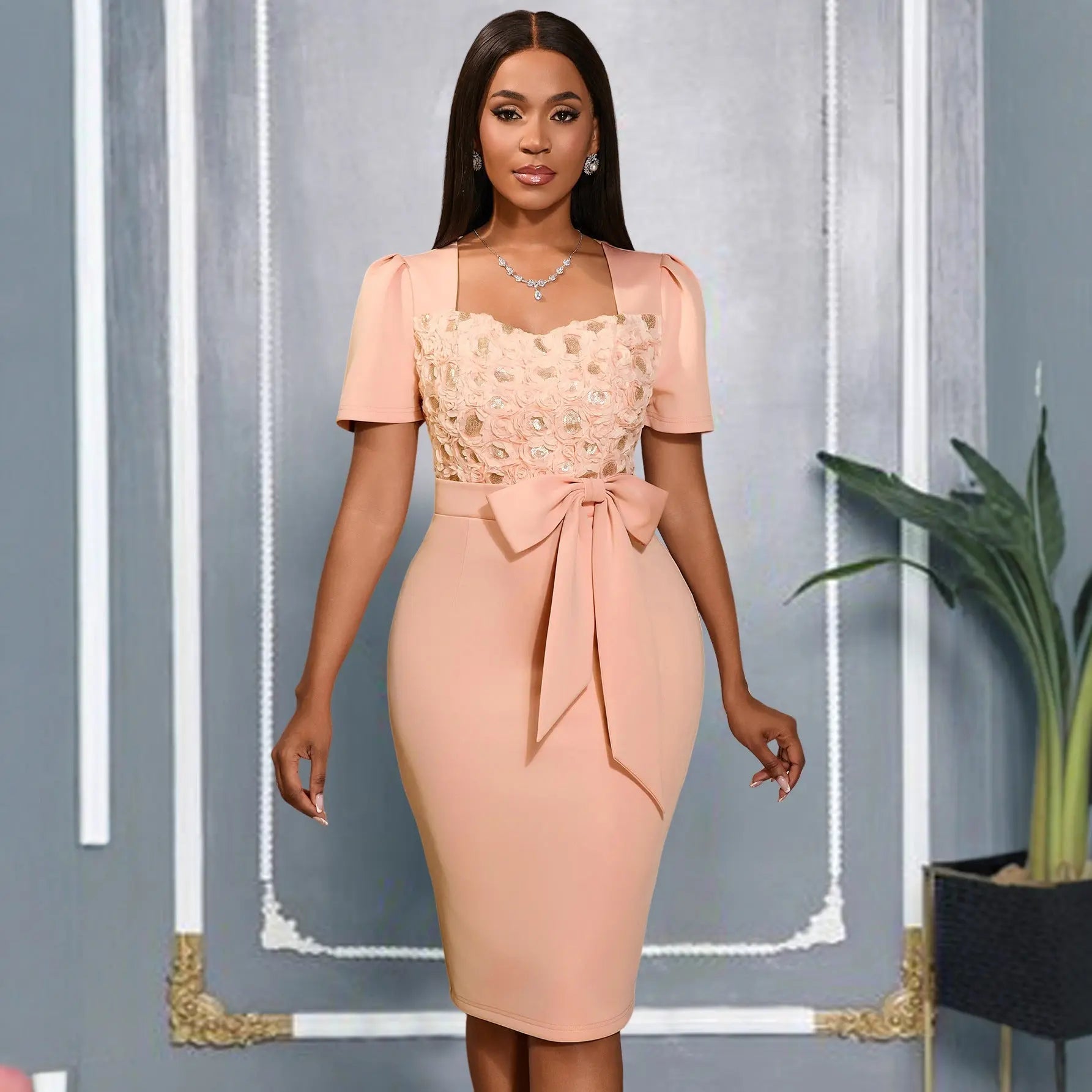 Elegant 3D Rose Square Collar Bodycon Knee Length Cocktail Dress With Bow Waist Bella Mia
