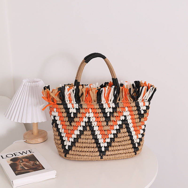 Color Matching Loose Edge Straw Bag Loose Edge Portable Color Matching Woven Bag Seaside Vacation Beach Bag Women Bag Bella Mia