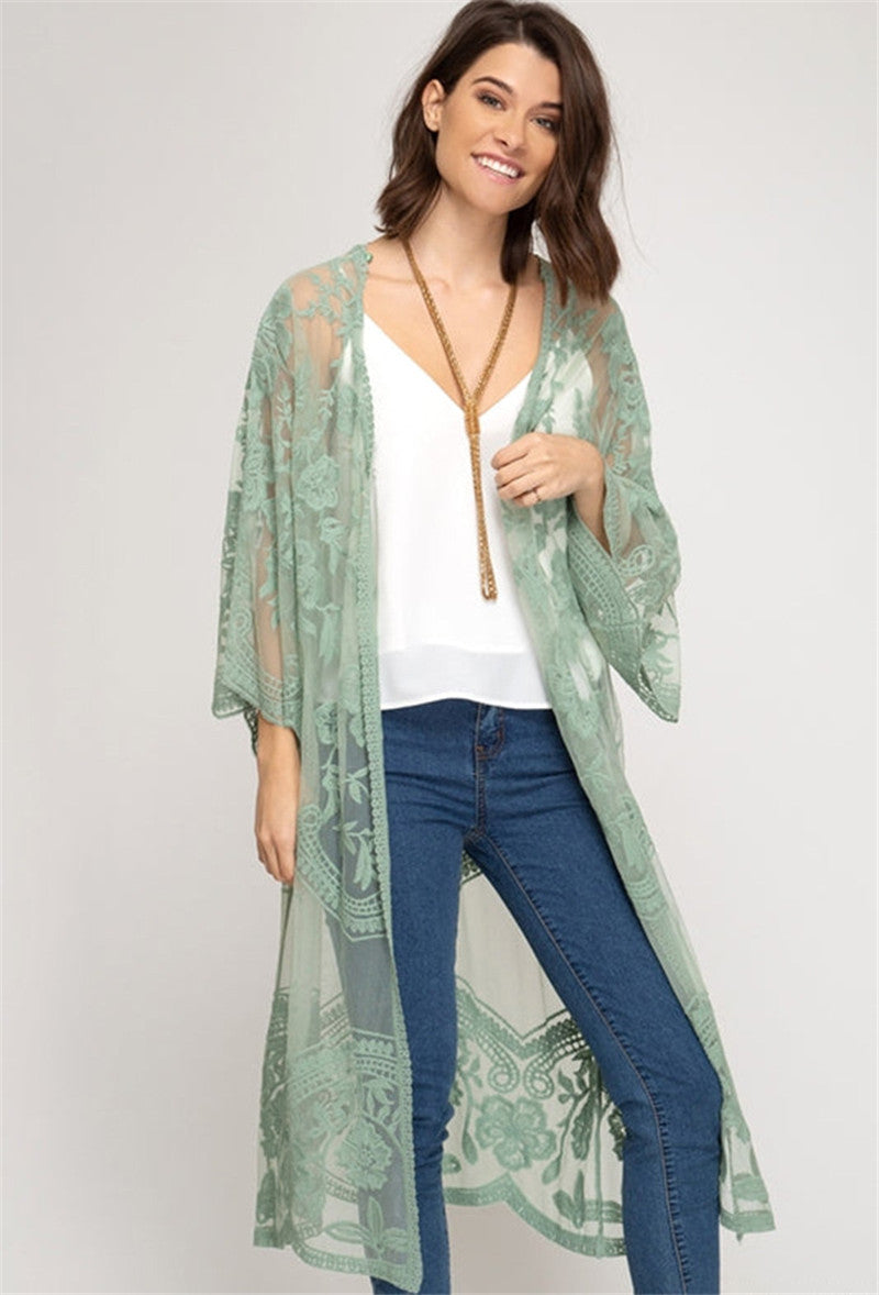 Lace Mesh Embroidered Beach Cover up Sexy Cardigan Sunscreen Beach Bella Mia