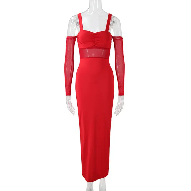 Women Clothing Sexy Spaghetti Straps Corset Slim Mesh Stitching Independent Sleeve Dress Bella Mia