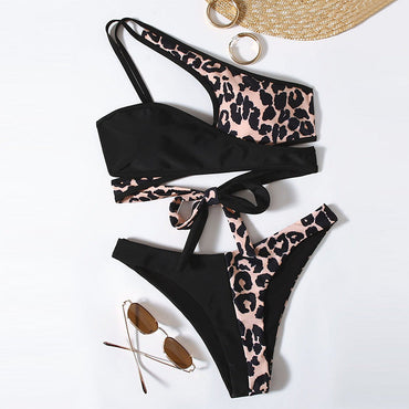 Leopard Splicing Pattern Irregular Asymmetric Shoulder Strap Sexy Ladies Split Bikini
