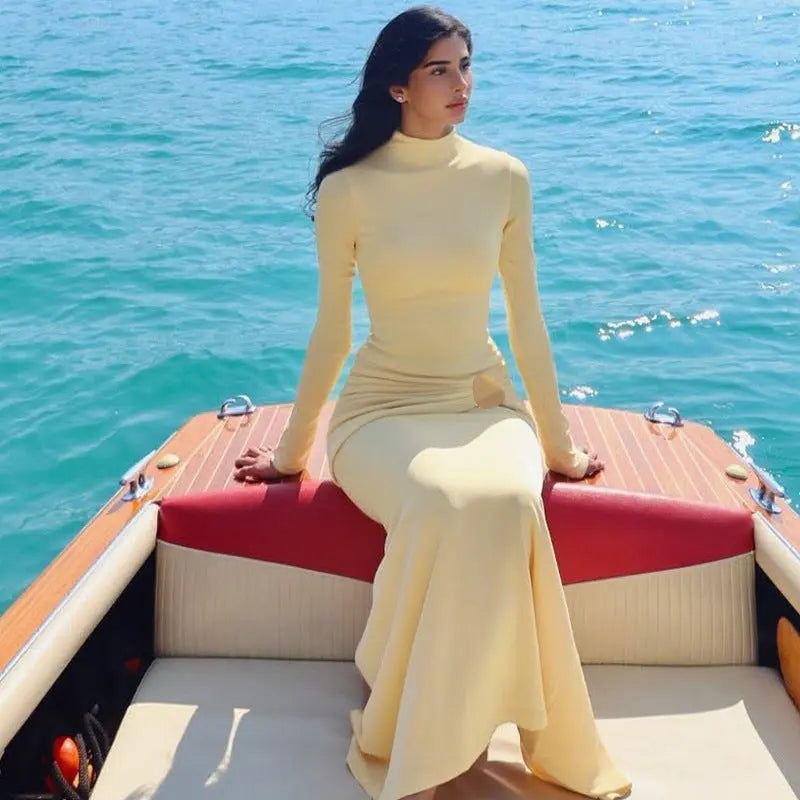 Women Clothing Autumn Suede Solid Color Long Sleeve Pleated Fishtail Dress Slim Dress Bella Mia