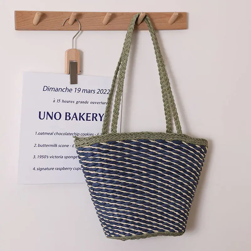 One Shoulder Straw Bag With Contrast Color Twill Woven Tote For Women Beach Bella Mia