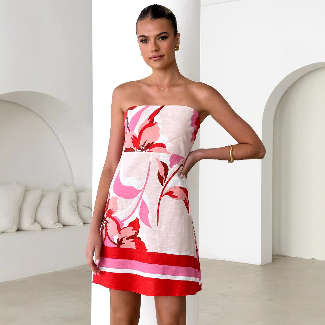 Women Dress Positioning Printed Sexy Chest Wrapped Mini Dress Bella Mia