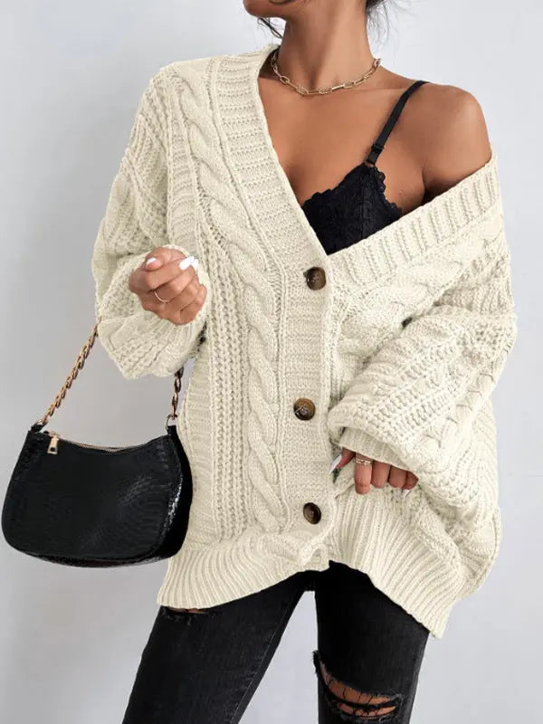 V neck Sweater Women Retro Loose Twist Lantern Sleeve Cardigan Knitted Coat Bella Mia