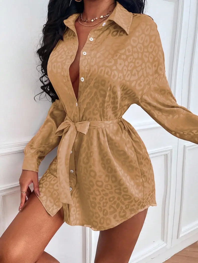Women Clothing Autumn Satin Shirt Leopard Print Long Sleeve Lining Bella Mia