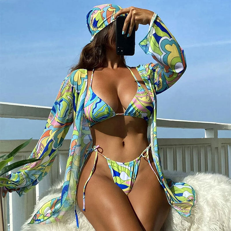 【MOQ-5 packs】 Printed Shawl Halter Swimsuit Three Piece Set Mesh Sunscreen Beach Spring Bikini Bella Mia