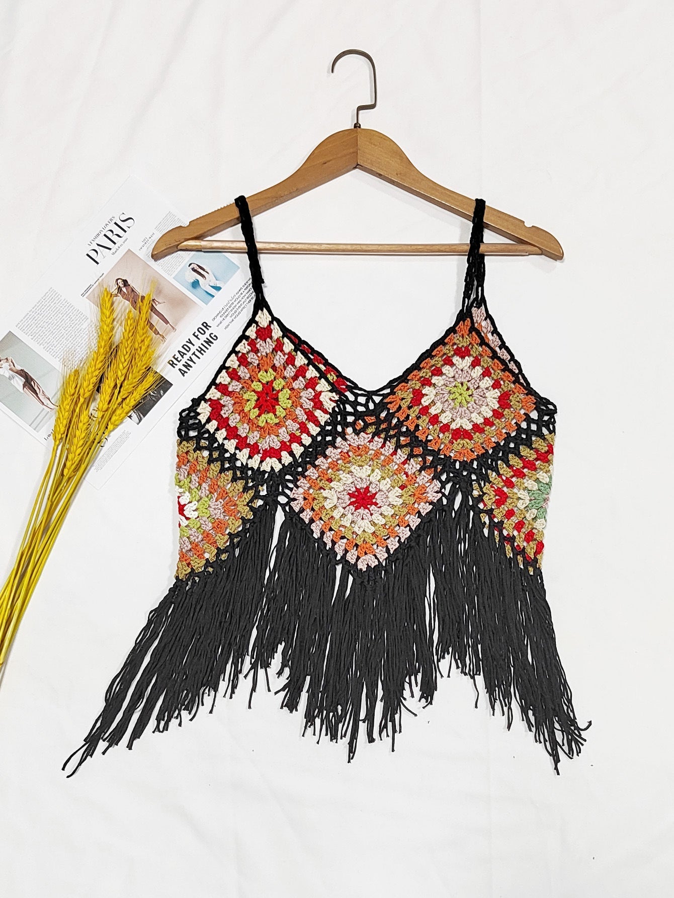 Women Clothing Women Top Pure Hand Crocheting Random Mixed Color Stitching Camisole Tassel Shirt Crochet Bella Mia