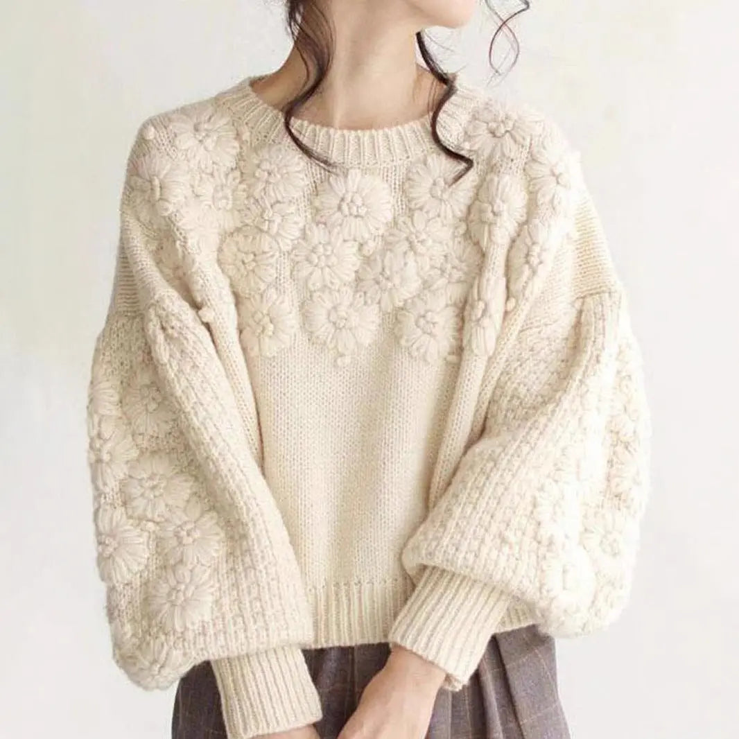 Autumn Winter Fresh Machine Embroidery Three Dimensional Little Daisy Pullover round Neck Loose Knitted Sweater Bella Mia