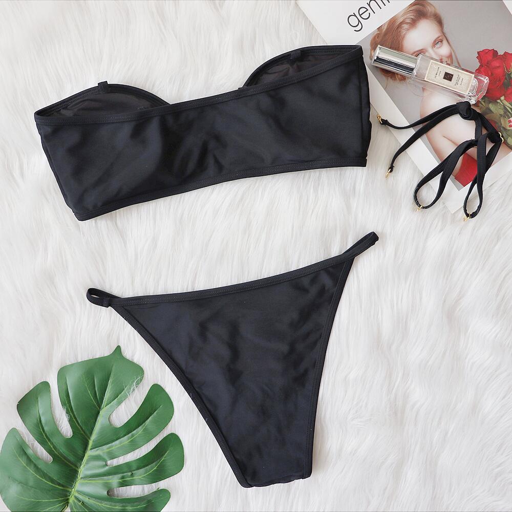 New Sexy Bikini Metal Accessories Hollow-out Swimsuit Solid Color Tube-Top Women Swimwear Bella Mia
