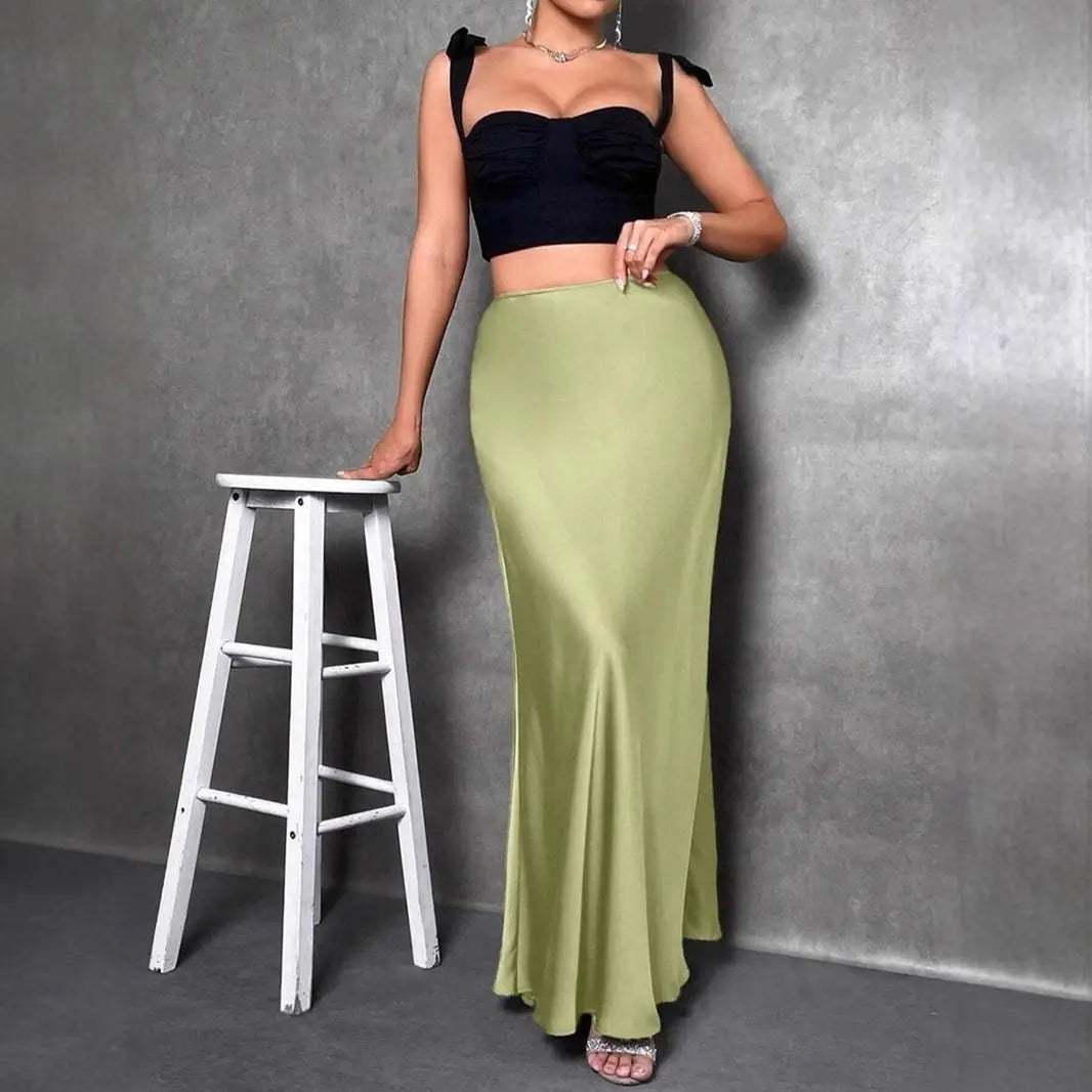 Satin A Line Maxi Skirt For Women Slim Zipper Solid Pattern Seasonless Bella Mia