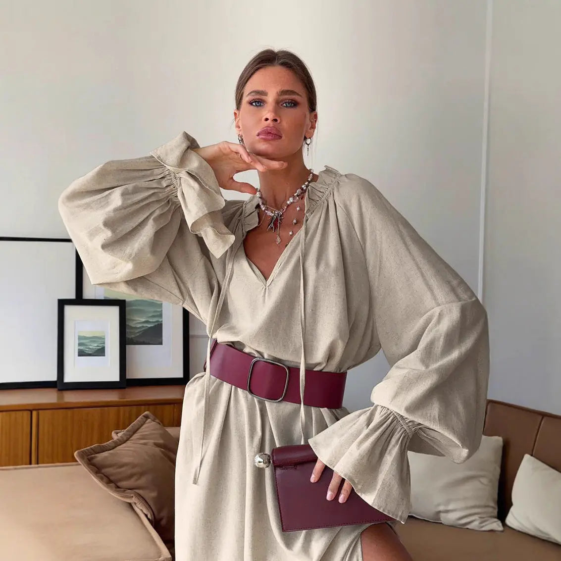 Gentle French Design Split Lace up Maxi Dress Women Office Long Linen Dress Bella Mia