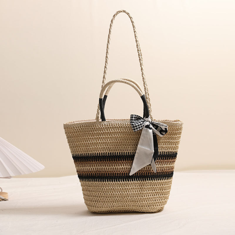 Striped Shoulder Straw Bag Silk Scarf Woven Tote Women Seaside Vacation Beach Bag Bella Mia