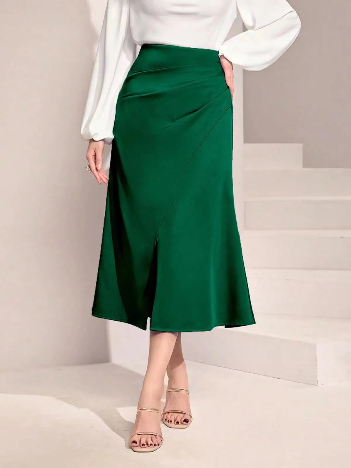 Women Clothing High Waist Satin Pleated Split Dress Solid Skirt Zipper Fishtail Hip Skirt Bella Mia