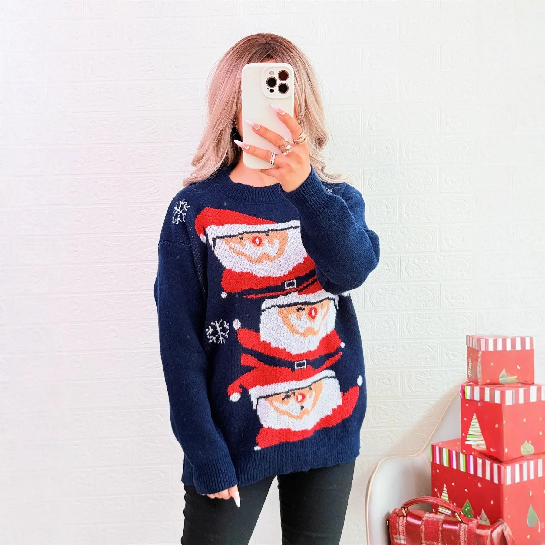 Autumn Winter Christmas Contrast Color Casual Knitted Pullover round Neck Santa Claus Sweater for Women Bella Mia