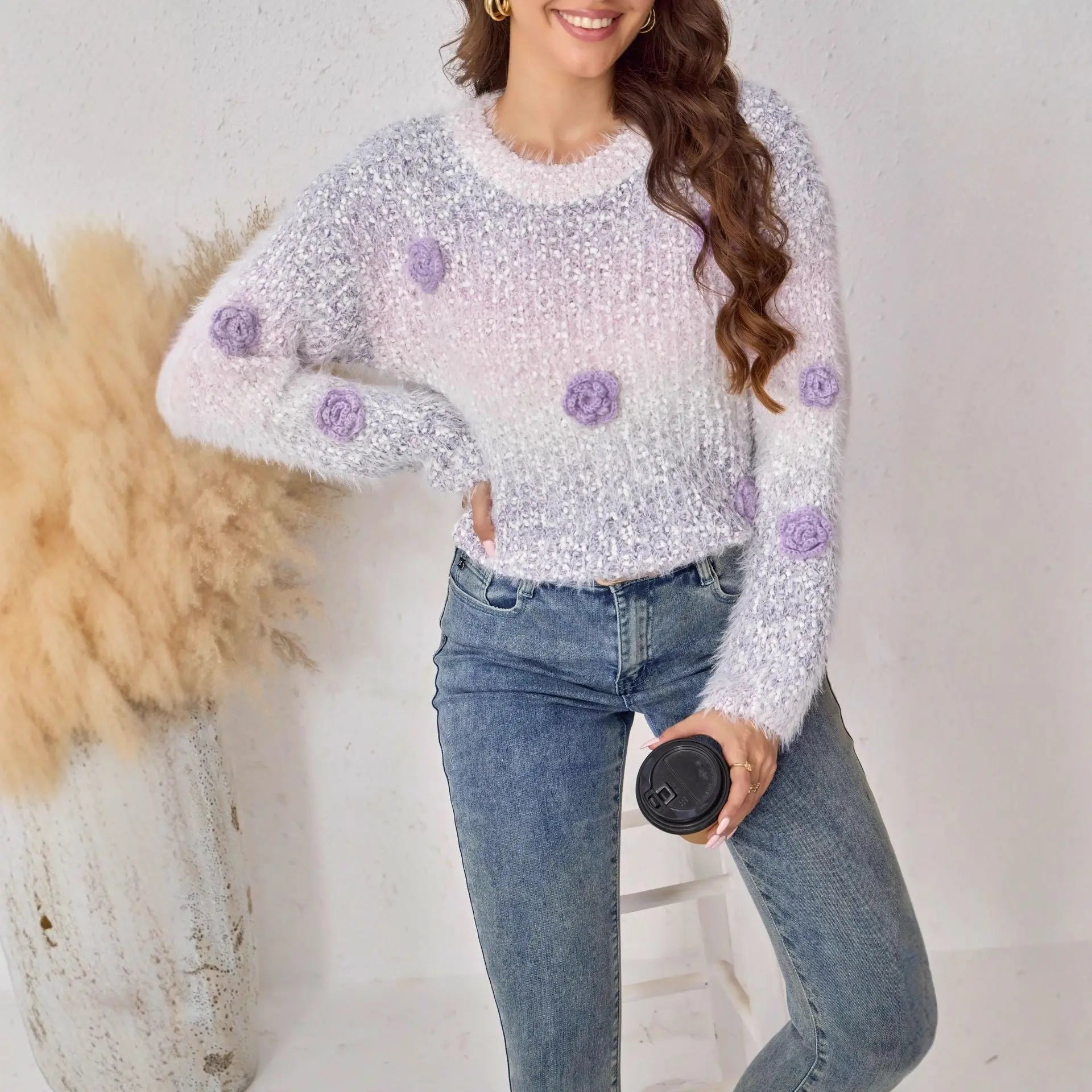 Autumn Winter Floral Ombre 3D Decoration Crew Neck Long Sleeve Sweater Loose Fit Bella Mia