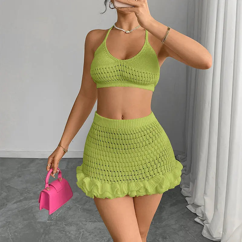 Summer Knitting Beach Dress Slim Fit Sexy Hip Lotus Leaf Bikini Two Piece Sets Women Bella Mia