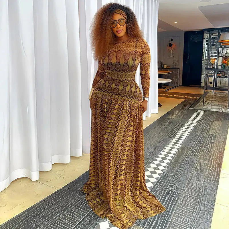 Elegant Retro Waist Slimming A Line Maxi Dress With Printed Pattern Long Sleeves Bella Mia