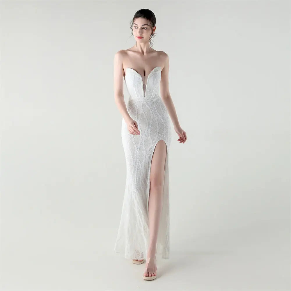 Boning Corset Waist Tight Heavy Industry Beads Heart Shaped Collar Sequined Evening Dress Luxury Cocktail Evening Dress Bella Mia