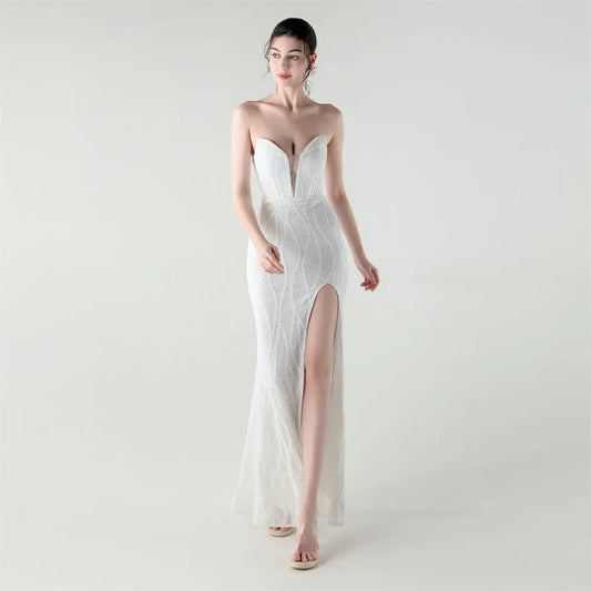 Boning Corset Waist Tight Heavy Industry Beads Heart Shaped Collar Sequined Evening Dress Luxury Cocktail Evening Dress Bella Mia