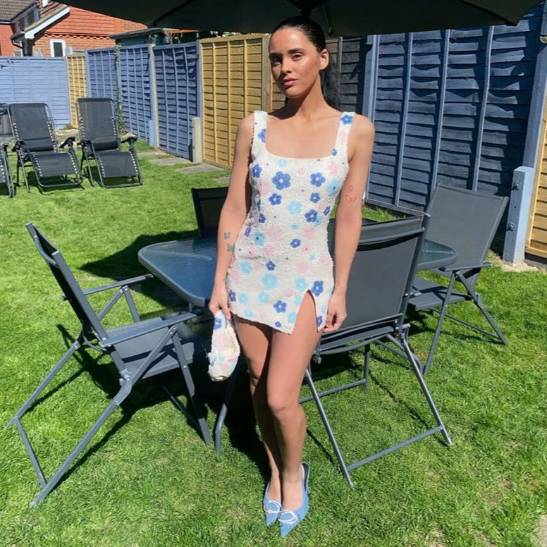 Spring Summer Colorful Floral Diamond Lattice Sequ Split Sheath Sexy Dress Bella Mia