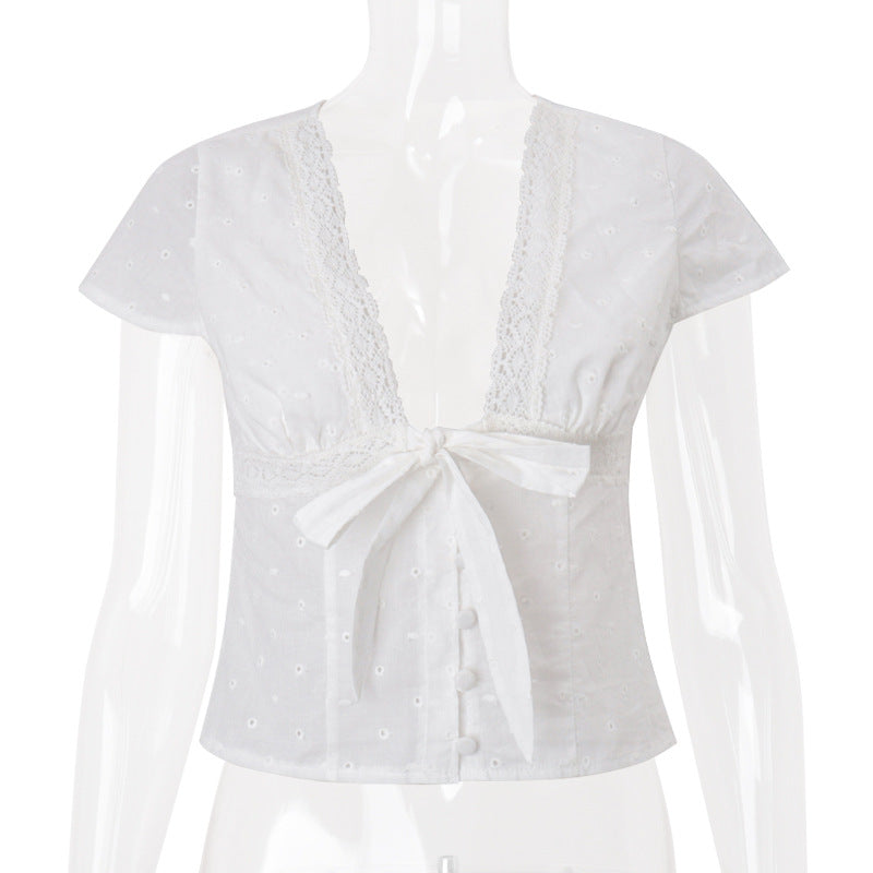 Women Clothing Summer Sexy V neck Bow Bandage Sexy Short Sleeve T shirt Top Bella Mia