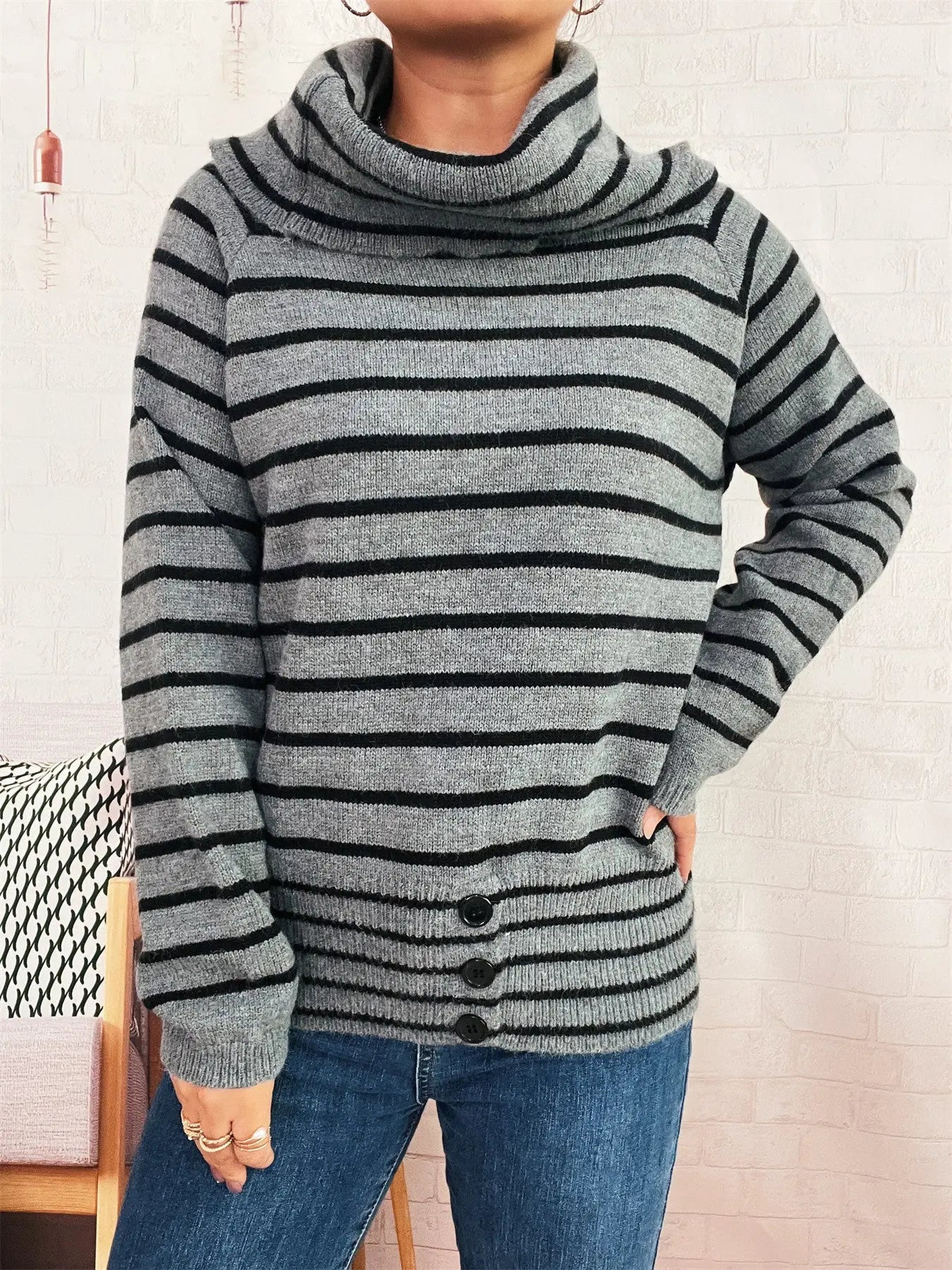 Autumn Winter Retro Office Minimalist Turtleneck Slim Knit Pullover Solid Color Striped Sweater Bella Mia