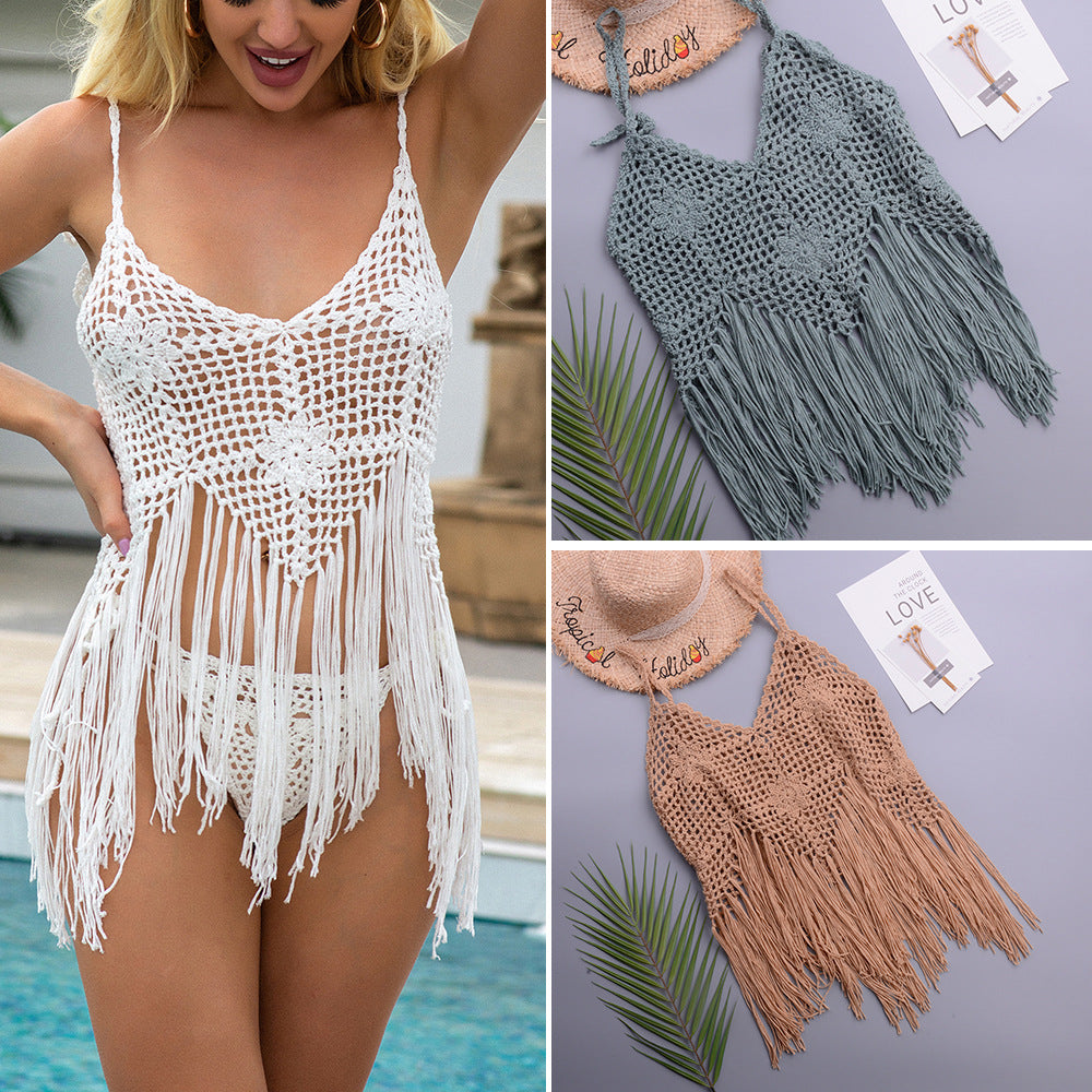 Vacation Beach Tassel Pure Hand Crocheting Woven Split Swimsuit V-neck Lace up Top Women Crochet Bella Mia