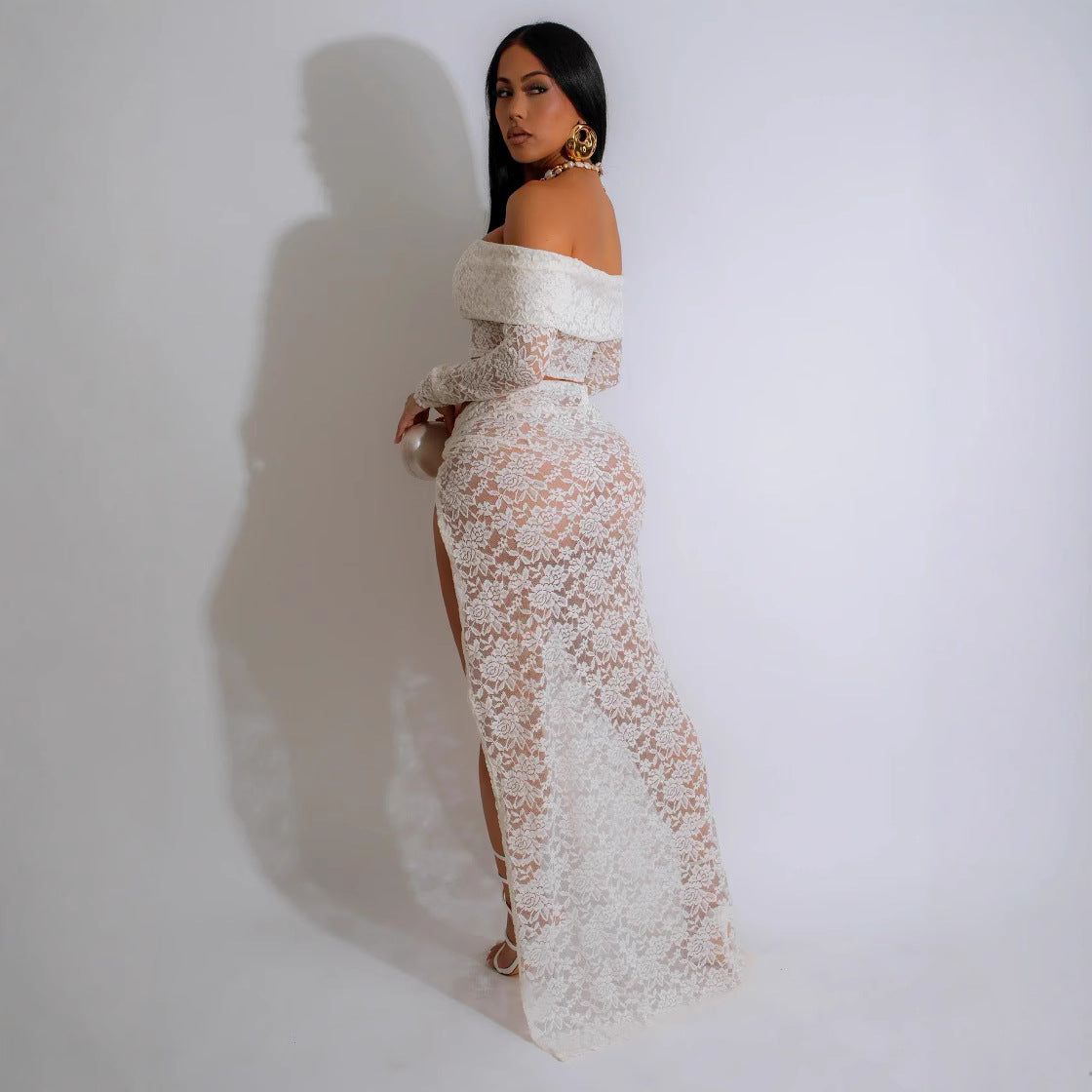 Sexy Tube Top Lace Suit Skirt Autumn Long Sleeve Pleated High Slit Women Skirt Bella Mia