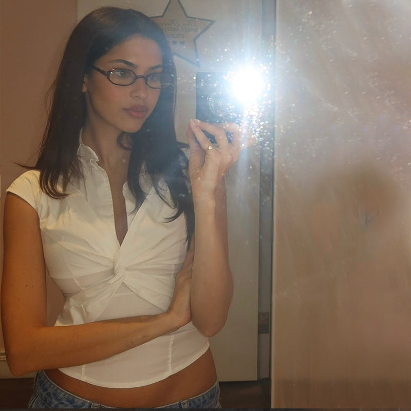 Women Clothing Summer Sexy Polo Collar Twisted Short Solid Color Cropped T shirt Top for Women Bella Mia