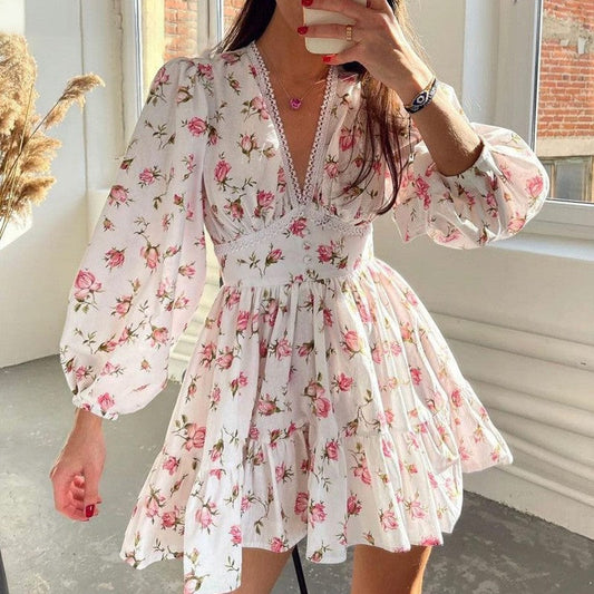 Spring Women Clothing Sweet Elegance Printed V neck Lace Waist Trimming Short Dress Bella Mia