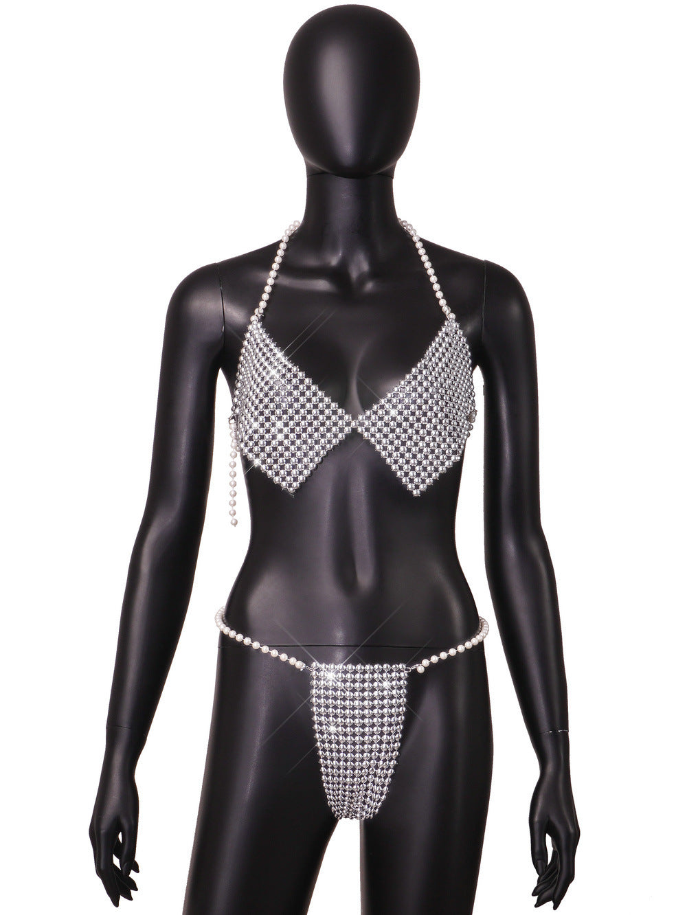 Cross Mirror Women Clothing Summer Sexy Three Point Pearl Halter Set Women