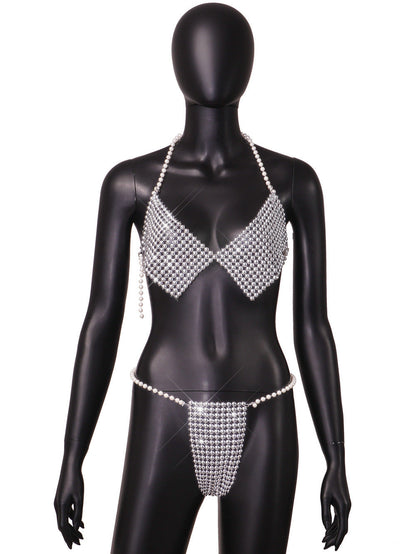 Cross Mirror Women Clothing Summer Sexy Three Point Pearl Halter Set Women