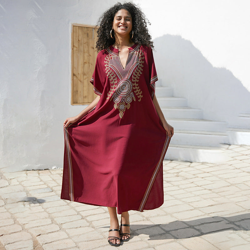Rayon Embroidered Robe Women Embroidered Vacation Loose Beach Jacket Maxi Dress Beach Cover Up Bella Mia