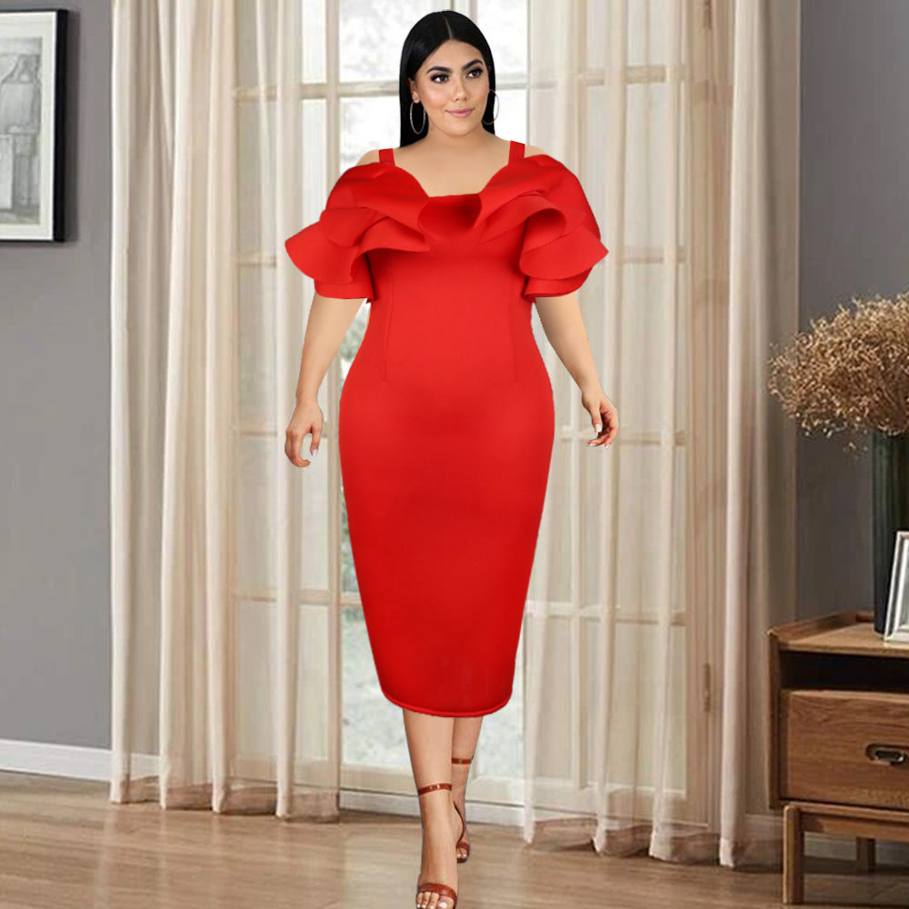 Sexy Spaghetti-Strap Ruffle Elegant Slim High Waist Slimming Sheath plus Size Dress Women Dress Bella Mia