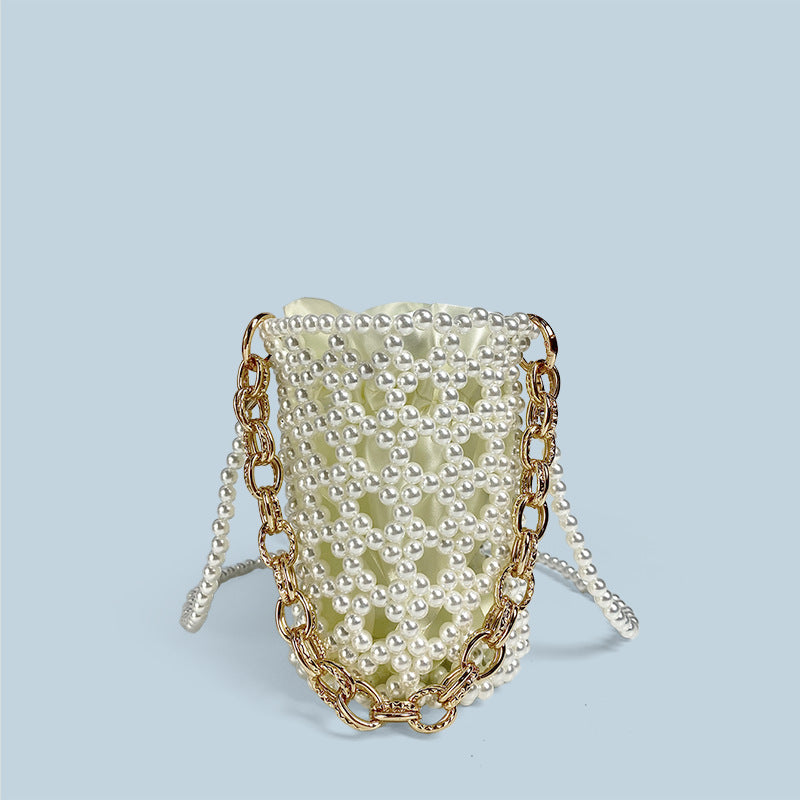 Chinese Beaded Hand Woven Pearl Cocktail Vegetable Basket Hollow Out Cutout Bucket Chain Underarm Messenger Bag Bella Mia